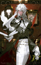  1boy absurdres bird bishounen black_jacket black_ribbon book braid brooch buttons closed_mouth cowboy_shot dove earrings english_text flower frills gloves green_eyes hair_between_eyes highres holding holding_book holding_flower horns jacket jewelry long_hair long_sleeves looking_at_viewer male_focus neck_ribbon onitwo open_book original pants picture_frame ribbon rose shirt solo standing white_flower white_gloves white_hair white_pants white_rose white_shirt yellow_eyes 