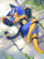  1girl absurdres animal_ears black_fur blue_fur blue_hair cat_ears cat_girl cat_tail claws commentary english_commentary furry furry_female highres inkukitsu looking_at_viewer multicolored_fur open_mouth pal_(creature) palworld red_eyes sekhmet_(palworld) solo stone_floor tail yellow_fur 