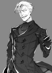  1boy ascot commentary_request facial_hair fate/grand_order fate_(series) grey_background greyscale holding holding_removed_eyewear jacket james_moriarty_(archer)_(fate) long_sleeves male_focus mature_male monochrome mustache open_mouth short_hair sideburns simple_background solo striped_clothes striped_jacket suzuki_rui unworn_eyewear upper_body 
