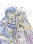 1boy 1girl blue_cape blue_hair brother_and_sister cape circlet fire_emblem fire_emblem:_genealogy_of_the_holy_war headband holding holding_hands julia_(fire_emblem) long_hair ponytail purple_cape purple_hair seliph_(fire_emblem) siblings smile white_headband yukia_(firstaid0) 