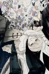  1boy blood blood_on_face bug butterfly commentary_request fate/grand_order fate_(series) fur_trim goanaoi grey_hair highres long_sleeves male_focus oberon_(fate) oberon_(second_ascension)_(fate) solo upside-down 