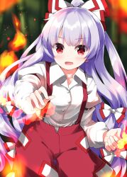  1girl bamboo bamboo_forest blurry blush bow collared_shirt commentary_request depth_of_field fire forest fujiwara_no_mokou grey_hair hair_bow highres long_hair looking_at_viewer multiple_hair_bows nature ofuda ofuda_on_clothes open_mouth outdoors pants pyrokinesis red_eyes red_pants ruu_(tksymkw) shirt smile solo suspenders touhou very_long_hair white_shirt 