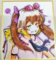  1girl black_necktie blush bow brown_hair cellphone collared_shirt commentary_request flat_chest flip_phone frilled_shirt_collar frills grin hair_bow hat himekaidou_hatate holding holding_phone long_hair looking_at_viewer necktie otomen_maru-no-uchi phone pointy_ears purple_bow purple_hat shirt short_sleeves signature simple_background smile solo tokin_hat touhou twintails upper_body white_background white_shirt yellow_eyes 