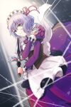  1girl black_eyes eiyuu_densetsu hair_between_eyes holding holding_knife holding_string holding_weapon knife light_rays maid maid_headdress purple_hair sen_no_kiseki sharon_kreuger short_hair smile solo string sunbeam sunlight weapon yula22_gld 