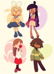 1girl 1other 3girls ace_attorney alternate_skin_color ascot bass_clef belt black_hair black_sailor_collar bow brown_hair crossover deltarune dress flower food fruit green_sweater hair_ornament hairclip haori headphones heart highres holding holding_flower ib_(ib) ib_(kouri) jacket japanese_clothes jewelry kagamine_rin kimono kris_(deltarune) magatama magatama_necklace maya_fey multiple_girls neckerchief necklace onsukun orange_(fruit) parallel_hairclips pink_sash purple_haori purple_jacket red_ascot red_dress red_eyes red_flower red_rose rose sailor_collar sash short_kimono single_horizontal_stripe sweater topknot treble_clef utdr_(toby_fox) vocaloid white_bow yellow_belt yellow_neckerchief yellow_trim 