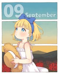  1girl assistant_(onyhakase) bad_source bare_arms blonde_hair blue_bow blue_eyes blue_hair blue_hairband blush bow bow_hairband colored_inner_hair dated dress flower_request hairband hat looking_afar multicolored_hair onyhakase original outdoors short_hair solo spaghetti_strap sun_hat sundress upper_body white_dress 