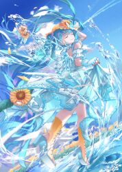  1girl aqua_hair aqua_nails bare_shoulders boots bow closed_eyes closed_mouth commentary_request day dress eighth_note field fingerless_gloves flower flower_field full_body gloves hair_between_eyes hair_ornament hand_up hat hat_bow hat_flower hatsune_miku headset high_heel_boots high_heels highres lace-up_boots lake lens_flare long_hair magical_mirai_(vocaloid) magical_mirai_miku magical_mirai_miku_(2026) miku_day musical_note musical_note_hair_ornament nail_polish open-toe_boots orange_flower outdoors ripples smile solo straw_hat sun sunflower toenail_polish toenails twintails tyouya very_long_hair vocaloid water_butterfly water_drop white_boots white_bow white_dress white_gloves yellow_flower 