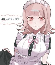  1girl apron black_dress blunt_bangs blush breasts closed_mouth danganronpa_(series) danganronpa_2:_goodbye_despair dress highres large_breasts maid maid_headdress medium_hair nanami_chiaki neck_ribbon no_hair_ornament pink_eyes pink_ribbon ribbon sffswavgpr71279 short_sleeves simple_background smile solo translation_request waist_apron white_apron white_background 