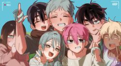  2girls 5boys alien_stage black-haired_boy_(alien_stage) black_eyes blonde_hair brown-haired_boy_(alien_stage) brown-haired_girl_(alien_stage) closed_eyes commentary_request dark-skinned_male dark_skin fang grey-haired_girl_(alien_stage) grey_hair highres holding jeinb174 korean_commentary multiple_boys multiple_girls pink-haired_child_(alien_stage) pink_hair purple-eyed_boy_(alien_stage) recording red_pupils smile till_(alien_stage) v w yellow_eyes 