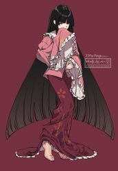  1girl bamboo_print barefoot black_eyes black_hair collared_shirt commentary_request commission dated frilled_shirt_collar frilled_skirt frilled_sleeves frills full_body highres houraisan_kaguya leally_big_rice long_hair long_skirt long_sleeves petal_print pink_shirt print_skirt red_skirt shirt skeb_commission skirt solo toes touhou twitter_username ufo very_long_hair wide_sleeves 