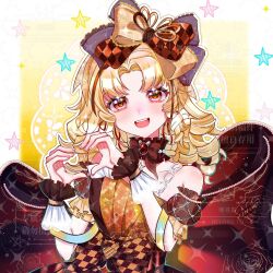 1girl argyle_bow argyle_clothes argyle_sleeves arm_ribbon back_bow bare_shoulders bead_choker beads blonde_hair border bow bow_choker bowtie brooch brown_bow brown_bowtie brown_choker brown_dress brown_eyes brown_ribbon brown_sleeves brown_wrist_cuffs chinese_commentary choker collarbone commentary_request commission detached_sleeves dot_nose dress drill_hair eyelashes fingernails flower frilled_choker frilled_sleeves frills gem hair_bow hair_ribbon happy heart heart_hands highres infinity_nikki jewelry lace-trimmed_bow lace_background lace_trim large_bow light_blush long_hair looking_at_viewer nikki_(series) open_mouth outline outside_border parted_bangs procreate_(medium) puffy_short_sleeves puffy_sleeves red_gem ribbon rose sample_watermark see-through_clothes see-through_sleeves short_sleeves sleeveless sleeveless_dress smile solo sparkle star_(symbol) star_choker star_symbol_background striped_ribbon stylist_(nikki) tareme teeth too_many_watermarks two-tone_bow two-tone_ribbon two-tone_wrist_cuffs unmoving_pattern upper_body upper_teeth_only waist_bow watermark white_border white_outline white_wrist_cuffs wrist_cuffs yanmowuzhisheng yellow_background yellow_bow yellow_ribbon 