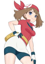  1girl bandana bike_shorts black_gloves black_shorts blue_eyes breasts brown_hair closed_mouth commentary eyelashes fanny_pack gloves hand_on_own_hip highres looking_at_viewer may_(pokemon) medium_breasts multicolored_gloves pokemon pokemon_ruby/sapphire/emerald red_bandana red_shirt shirt short_sleeves shorts sikamiya smile solo two-tone_gloves white_background white_gloves 