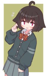  1girl ahoge black_hair blush border bow brown_background cardigan collared_shirt commentary_request diagonal-striped_bow dress_shirt flying_sweatdrops grey_cardigan grey_skirt hand_up highres long_sleeves looking_at_viewer naga_u naga_u-chan nervous_smile open_mouth original pleated_skirt puffy_long_sleeves puffy_sleeves red_bow red_eyes school_uniform shirt skirt smile solo striped_bow thick_eyebrows white_border white_shirt 