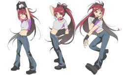 1girl anime_coloring black_bow black_choker black_gloves black_shoes blue_pants bow breasts choker closed_eyes closed_mouth dancing fang fingerless_gloves from_above full_body gloves grey_shirt hair_bow hand_up hands_up highres invisible_floor long_hair looking_at_viewer looking_to_the_side lull_brook_(brookuu) mahou_shoujo_madoka_magica mahou_shoujo_madoka_magica_(anime) midriff multiple_views navel open_mouth own_hands_together pants parted_lips ponytail red_eyes red_hair sakura_kyoko shirt shoes short_sleeves simple_background skin_fang small_breasts smile standing stretching teeth white_background