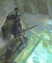  1other ambiguous_gender architecture bloody_wolf_(elden_ring) boots cape commentary_request dutch_angle elden_ring from_behind green_theme guri_otoko helm helmet highres holding holding_sword holding_weapon in-universe_location looking_down plume signature solo sword tarnished_(elden_ring) twitter_username weapon 