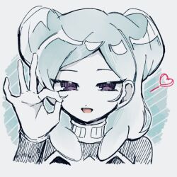  1girl :d aqua_hair beta_(inazuma_eleven) bodysuit commentary grey_bodysuit heart inazuma_eleven_(series) inazuma_eleven_go inazuma_eleven_go_chrono_stone long_hair looking_at_viewer no_pupils ok_sign open_mouth smile solo violet_eyes white_background yuyqqqv_v42 