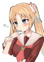  1girl 1other absurdres ambiguous_gender blonde_hair blue_eyes blue_hair blush brown_dress cropped_arms cropped_torso dress finger_in_another's_mouth flower gradient_hair guiding_hand hair_flower hair_ornament hasu_no_sora_school_uniform heart highres hisho_(rythm_hisho) long_sleeves love_live! love_live!_hasu_no_sora_jogakuin_school_idol_club multicolored_hair neckerchief osawa_rurino pink_flower red_neckerchief sailor_collar sailor_dress school_uniform simple_background twintails upper_body virtual_youtuber white_background white_sailor_collar winter_uniform 