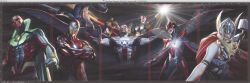  3girls 5boys alex_ross arc_reactor armor art_program_in_frame avengers_(series) black_gloves black_hair black_helmet blonde_hair breastplate brown_hair cape captain_america captain_america_(series) colored_skin covered_abs crossed_arms dark-skinned_female dark-skinned_male dark_skin fake_wings fingerless_gloves gloves goggles green_gloves grey_armor grey_helmet helmet high_collar highres insect_wings iron_man iron_man_(series) jane_foster kamala_khan long_hair marvel miles_morales mjolnir_(marvel) multiple_boys multiple_girls muscular muscular_male nadia_van_dyne nova_(marvel) obliques official_art open_mouth power_armor realistic red-tinted_eyewear red_armor red_cape red_gloves red_scarf red_skin sam_wilson scarf spider-man_(miles_morales) spider-man_(series) superhero_costume thor_(jane_foster) thor_(marvel)_(series) tinted_eyewear vision_(marvel) wasp_(marvel) western_comics_(style) winged_helmet wings 