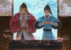  2boys all_wishes_come_true! aoshimashunnnnn arm_strap bird black_hair black_pants black_sash blue_hanfu blue_trim brown_hair chinese_clothes chinese_commentary closed_eyes closed_mouth coat commentary_request embers facial_hair hair_bun hair_ornament half_updo hand_fan hanfu high_ponytail highres holding incense indoors instrument jewelry leaf leaf_belt leaf_hair_ornament leaf_ornament long_hair long_sleeves lv_dongbin_(all_wishes_come_true!) male_focus multiple_boys mustache_stubble necklace open_clothes open_coat own_hands_together pants ponytail praying red_coat red_sash robe sash sidelocks single_hair_bun smile smoke standing stubble topknot tree white_hanfu wide_sleeves yaopei yin_yang zhongli_quan_(all_wishes_come_true!) 