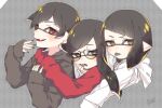  1boy 2girls argyle argyle_background black_hair black_nails black_sweater diagonal_bangs dotted_line glasses grey_background inkling inkling_boy inkling_girl inuowour long_hair multicolored_nails multiple_girls open_mouth parted_bangs pointy_ears red_eyes red_nails red_sweater splatoon_(series) sweater tongue tongue_out upper_body white_sweater yellow_eyes 