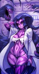  1girl absurdres arm_behind_head asylum_(location) black_panties blackmyst blue_hair breasts claws collarbone colored_skin fishnet_thighhighs fishnets grin highres indoors iron_bars lab_coat large_breasts lips long_hair monster_girl open_mouth original padded_walls panties parted_lips prehensile_hair purple_lips purple_skin sharp_teeth smile solo teeth thigh-highs underwear very_long_hair wide_hips yellow_eyes 