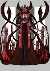 6+others absurdres ambiguous_gender arm_up bilingual_commentary black_horns black_nails black_robe book bracelet colored_skin commentary cross cross_necklace demon demon_horns english_text full_body gloves hand_eye highres holding holding_book horns jewelry looking_at_viewer mixed-language_commentary monster monster_focus multiple_others muranoa necklace one-eyed open_book open_hands original priest puritan_collar red_eyes red_skin robe standing stole white_gloves wrinkled_skin zoom_layer 