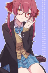  1girl a-ka black_cardigan black_shoes blue_skirt blush brown_vest cardigan commentary_request glasses hair_ribbon heterochromia highres hololive houshou_marine houshou_marine_(school_uniform) loafers long_hair looking_at_viewer official_alternate_costume open_mouth red-framed_eyewear red_eyes red_hair red_ribbon ribbon shirt shoes skirt solo twintails vest virtual_youtuber white_shirt yellow_eyes 