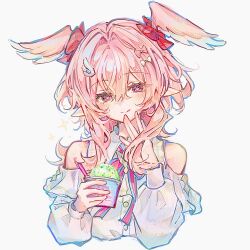  1girl bow clothing_cutout commentary cropped_torso food genshin_impact hair_bow hair_intakes hair_ornament head_wings highres holding holding_food holding_ice_cream ice_cream licking_lips linnea_(genshin_impact) pink_hair pointy_ears red_bow red_eyes ri_pi_o shirt shoulder_cutout sidelocks simple_background smile solo tongue tongue_out twitter_username white_background white_shirt wing_hair_ornament wings 