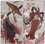 2girls absurdres arms_up black_eyes black_hair black_kimono border branch brown_footwear bungou_stray_dogs closed_mouth dagger flower full_body grey_background hair_flower hair_ornament hairband highres holding holding_dagger holding_knife holding_umbrella holding_weapon izumi_kyouka_(bungou_stray_dogs) japanese_clothes jellyfish_sz kimono knife leaf long_hair low_twintails multiple_girls oil-paper_umbrella ozaki_kouyou_(bungou_stray_dogs) red_eyes red_umbrella redhead reverse_grip sandals sash shoes short_hair smile standing tabi twintails umbrella very_long_hair weapon white_border white_flower white_hairband white_haori wide_sleeves yellow_sash 