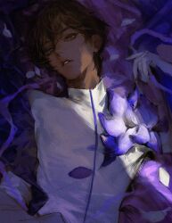  1boy arjuna_(fate) asian_indian_clothes brown_eyes brown_hair commentary_request dark-skinned_male dark_skin fate/grand_order fate_(series) gloves hair_between_eyes lying male_focus minei_84 on_back open_mouth petals short_hair solo upper_body 