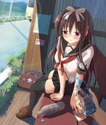  1boy 1girl absurdres amatsutsumi arm_support bag black_sailor_collar black_skirt black_thighhighs blurry blurry_background blush border bottle bow breasts brown_hair brown_shoes collarbone colored_eyelashes commentary day dutch_angle fingernails full_body hair_between_eyes hair_bow hairband highres holding holding_bottle hot large_breasts leaning_forward lens_flare loafers long_hair looking_at_viewer miniskirt neckerchief nine_murasame official_style on_bench open_mouth oribe_kokoro outdoors pleated_skirt pov pov_hands rainbow red_eyes red_neckerchief road sailor_collar sailor_shirt school_bag school_uniform serafuku shirt shoes short_sleeves sitting skirt solo_focus sweat thigh-highs thighs very_long_hair water_bottle white_border white_hairband white_shirt zettai_ryouiki 