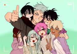  2girls 5boys alien_stage black-haired_boy_(alien_stage) black_hair blonde_hair brown-haired_boy_(alien_stage) brown-haired_girl_(alien_stage) brown_hair closed_eyes colored_eyelashes commentary_request dark-skinned_male dark_skin fang finger_gun green_eyes grey-haired_girl_(alien_stage) grey_hair highres hood hoodie multiple_boys multiple_girls pink-haired_child_(alien_stage) purple-eyed_boy_(alien_stage) purple_hoodie recording shirt smile snsbeginner4649 striped_clothes striped_shirt till_(alien_stage) yellow_eyes 