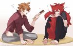  2boys animal_ears barefoot black_pants black_shirt blue_eyes comb diluc_(genshin_impact) feet fox_boy fox_ears fox_tail genshin_impact grey_pants hiki_yuichi holding holding_comb long_hair midriff multiple_boys orange_hair pants red_eyes red_shirt red_tail redhead shirt short_hair tail tartaglia_(genshin_impact) toes 