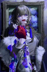  1girl black_coat black_hair blue_eyes blue_flower blue_rose choker coat commentary feather_boa flower fur_shawl gloves hair_between_eyes highres kuon_(kuo_n_o1) looking_at_viewer original painting_(object) picture_frame red_choker red_gloves red_lips rose second-party_source shawl shirt upper_body white_shawl white_shirt 