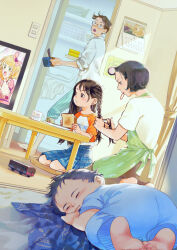  1boy 1other 2girls apron baby black_hair blue_skirt braid braiding_hair bread bread_slice brown_hair calendar_(object) child cup family food glasses green_apron hair_rollers hairdressing holding holding_food indoors mother_and_child mother_and_daughter mouth_hold mug multiple_girls original parent_and_child shirt sitting skirt slice_of_life snails0106 table television toast toy_train watching_television white_shirt 