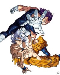  2boys absurdres commentary_request dougi dragon_ball dragon_ball_super gloves grey_hair highres male_focus multiple_boys muscular muscular_male orange_pants pants purple_hair saiyan son_goku spiky_hair super_saiyan ultra_ego_(dragon_ball) ultra_instinct urzu4 vegeta white_gloves 