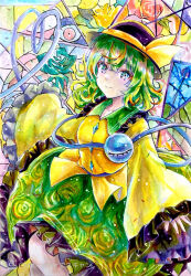  1girl absurdres black_hat bow buttons closed_mouth collared_shirt commentary_request diamond_button disembodied_linked_eye eyeball floral_print frilled_shirt_collar frilled_skirt frilled_sleeves frills green_eyes green_hair green_skirt hair_between_eyes hat hat_bow heart heart_of_string highres kazu_(pixiv_73870096) komeiji_koishi long_sleeves looking_at_viewer medium_hair print_skirt rose_print shirt skirt smile solo stained_glass touhou traditional_media watermark wide_sleeves yellow_bow yellow_shirt 