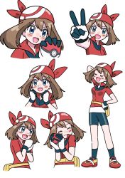  1girl arm_behind_head bandana bike_shorts blue_eyes blush_stickers brown_hair closed_eyes fanny_pack gloves hand_on_own_hip highres holding holding_poke_ball may_(pokemon) medium_hair miin_(toukotouya) multiple_views open_mouth poke_ball poke_ball_(basic) pokemon pokemon_(anime) pokemon_the_series:_ruby_and_sapphire red_bandana simple_background smile v white_background 