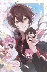  1boy absurdres ahoge black_shirt bouquet brown_hair buttons chibi collared_shirt falling_petals flower hair_between_eyes highres holding holding_bouquet jacket long_hair long_sleeves looking_at_viewer low_ponytail male_focus multiple_boys nonoiaza one_eye_closed open_mouth parted_lips petals pink_eyes pink_flower pink_hair pink_rose ponytail quanzhi_gaoshou rose shirt sky smile twitter_username upper_body white_jacket yellow_eyes zhang_jiale 