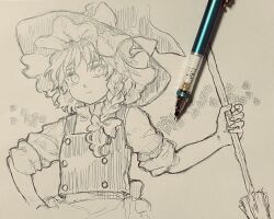  1girl bow braid broom closed_mouth commentary_request graphite_(medium) hair_bow hat hat_bow highres holding holding_broom kirisame_marisa long_hair looking_at_viewer mechanical_pencil pencil shiroma_(mamiko) side_braid single_braid solo touhou traditional_media upper_body vest witch_hat 