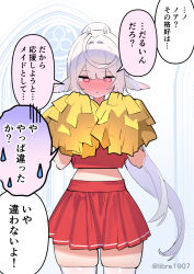  1girl @_@ animal_ears blush cheerleader closed_mouth hair_intakes highres horns long_hair midriff navel nose_blush original pleated_skirt pom_pom_(cheerleading) ponytail red_eyes red_shirt red_skirt revision shirt skindentation skirt solo thigh-highs translation_request twitter_username very_long_hair white_thighhighs zenshin 