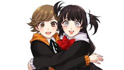  1boy 1girl amada_ken brown_eyes brown_hair commentary_request grey_eyes hetero highres looking_at_viewer megami_tensei niu_njgr oc_x_canon open_mouth original persona persona_3 red_ribbon ribbon shirt simple_background teeth twintails upper_teeth_only white_background white_shirt 