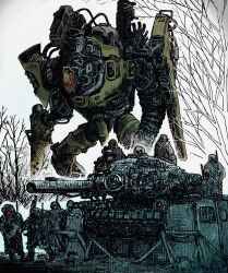  6+boys armor bare_tree cable combat_helmet eye_trail glowing glowing_eyes gun hatching_(texture) helmet highres holding holding_gun holding_weapon humanoid_robot light_trail mecha military_vehicle mortar_(weapon) motor_vehicle multiple_boys original partially_colored reactive_armor red_eyes robot science_fiction shoulder_armor sketch soldier tank tank_desant tank_gun tank_turret tatsumi_(tatsumimimi) tree walking weapon 