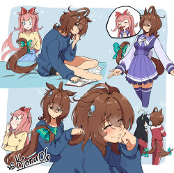  ! 3girls ^_^ agnes_digital_(umamusume) agnes_tachyon_(umamusume) ahoge animal_ears black_hair blunt_bangs book bow bowtie closed_eyes closed_mouth commentary ear_ornament earrings eighth_note english_commentary green_bow hair_between_eyes hair_bow highres holding holding_pen horse_ears horse_girl horse_tail huge_ahoge jacket jewelry kiora06 long_hair long_sleeves manhattan_cafe_(umamusume) multiple_girls musical_note palm_tree pants pen pink-tinted_eyewear pleated_skirt purple_shirt purple_skirt reading red_bow red_jacket red_pants red_ribbon ribbon school_uniform shirt single_earring skirt smile spoken_musical_note tail tail_bow tail_ornament tail_wagging tinted_eyewear tracen_school_uniform tracen_training_uniform track_jacket tree two_side_up umamusume white_bow white_bowtie winter_uniform yellow_shirt 
