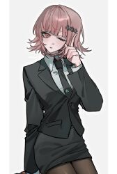  1girl :o ;o absurdres black_jacket black_necktie black_skirt breasts brown_hair brown_pantyhose collared_shirt danganronpa_(series) danganronpa_2:_goodbye_despair hair_ornament highres jacket long_sleeves looking_at_viewer medium_hair nanami_chiaki necktie one_eye_closed pantyhose pencil_skirt pink_eyes shiny_clothes shirt simple_background skirt solo ubugoe_0055 white_background 