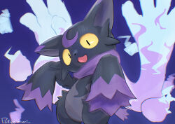  black_fur crescent crescent_facial_mark facial_mark highres looking_at_viewer open_mouth pal_(creature) palworld polynimuri purple_fur signature solo tail two-tone_fur wispaw yellow_eyes 