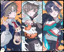  3boys aged_down bat_(animal) blue_eyes brown_hair cat chinese_commentary commentary_request food ghost green_eyes halloween halloween_costume hat highres holding jack-o'-lantern long_sleeves looking_at_viewer male_focus multiple_boys necktie nonoiaza ofuda pumpkin purple_hair quanzhi_gaoshou scaramouche_(genshin_impact) short_hair violet_eyes 
