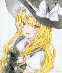  1girl black_hat blonde_hair bow breasts colored_pencil_(medium) commentary_request hair_bow hat highres kirisame_marisa light_blush looking_at_viewer open_mouth profile puffy_sleeves red_bow red_eyes small_breasts smile solo sweet_miuk_tea touhou traditional_media twitter_username upper_body white_bow witch_hat 
