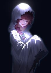  1girl absurdres agm black_background bocchi_the_rock! braid commentary_request fang ghost_costume hair_over_shoulder halloween_costume hands_up highres hiroi_kikuri looking_at_viewer open_mouth purple_hair sheet_ghost simple_background single_braid smile solo upper_body violet_eyes 