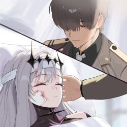  1boy 1girl artceister bandaged_head bandages bandaid bandaid_on_face black_crown black_tiara blood blood_on_face breasts brown_eyes brown_hair bruise bruise_on_face commander_(nikke) commentary crown dress english_commentary goddess_of_victory:_nikke grey_hair hair_over_eyes highres injury jacket long_hair military_jacket military_uniform modernia_(nikke) modernia_(second_affection)_(nikke) official_alternate_costume see-through_cleavage see-through_clothes short_hair smile tiara 